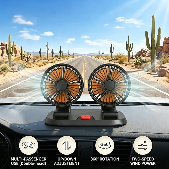 Dual Head 24V Car Fan for SUV Truck RV with No AC,Adjustable Car Cool Fan, Dual Head Design, 2-speed Adjustable, 360° Rotating Portable Car Fan,Powered by Cigarette Lighter - Image 8