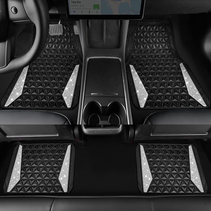 CAR PASS Bling Diamond Car Mats Rubber Floor Mats Full Set Anti-Slip 3D Rhombus Waterproof Trim to Fit Liner Universal Glitter Crystal Sparkly Shining Rhinestone Girl Women SUV Sedan, Silver Diamond - Image 3