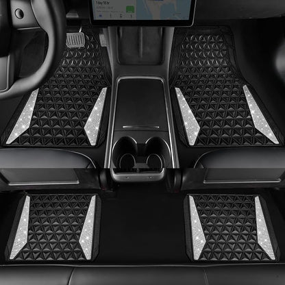 CAR PASS Bling Diamond Car Mats Rubber Floor Mats Full Set Anti-Slip 3D Rhombus Waterproof Trim to Fit Liner Universal Glitter Crystal Sparkly Shining Rhinestone Girl Women SUV Sedan, Silver Diamond - Image 3