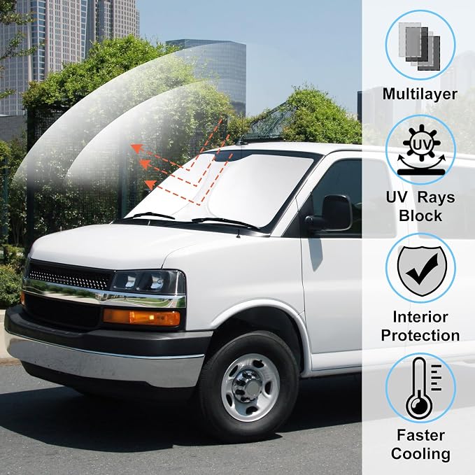 Windshield Sun Shade Sunshade for 1996-2026 Chevrolet Express | Full covered for windshield, Foldable & Durable, Block UV Rays, Reduce Heat, Easy to install, Keeps Car Cooler - Image 2