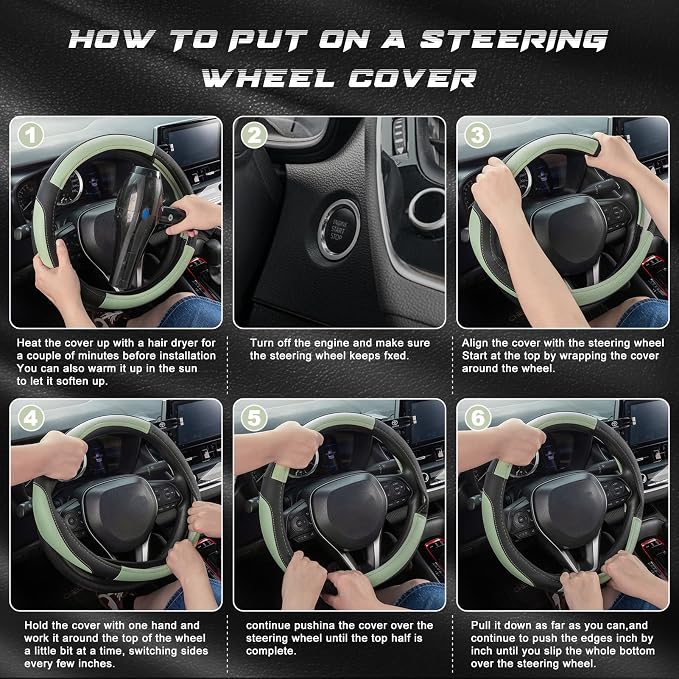 SEG Direct Steering Wheel Cover 14.5-15 inch Car Auto Interior Accessories | Universal Medium Standard Size 37-39cm for Car Truck SUV, Microfiber Leather, Anti-Slip Comfortable Grip, Black Pastel Green - Image 6