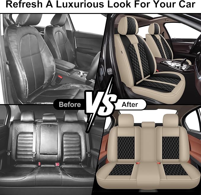 IKABEVEM Car Seat Covers Fit for Honda Accord 2007-2017 Full Set | Waterproof Faux Leather, Airbag Compatible, Easy Install & Wipe Car Seat Protector,5 Seat Covers Fit for Accord, Beige&Black - Image 6