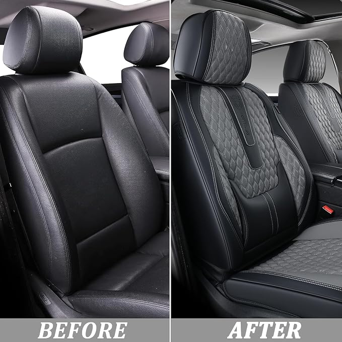 Coverado Leather Seat Covers for Car, Waterproof Front Car Seat Covers with Lumbar Support Universal Fit for Most Sedans SUV Pick-up Truck(Black&Gray) - Image 5