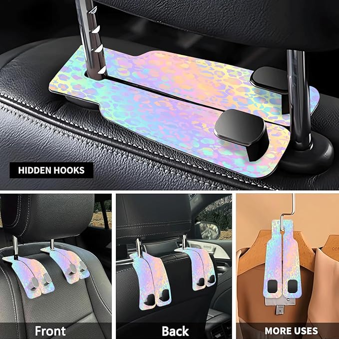 Car Seat Headrest Hook, Universal Leather Cute Hanger Holder Hook, Storage Organizer Interior Accessories for Purse Bags Handbag Colorful Cute Leopard - Image 3
