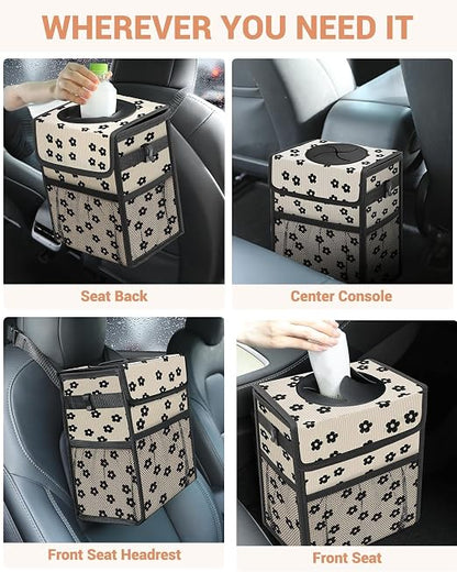 Capolo Car Trash Can with Lid, Leakproof Car Garbage Can Car Trash Bag | Waterproof, Trash Can for Car, 3 Mesh Pockets, Mini Hanging Vehicle Car Trash Bin, for Back/Front Seat (Black Flower,3 Gal) - Image 6