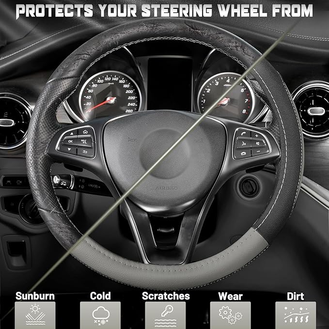 SEG Direct Black and Gray Microfiber Auto Car Steering Wheel Cover Universal 15 inch | Universal Medium Standard Size 37-39cm for Car Truck SUV, Microfiber Leather, Anti-Slip Comfortable Grip, Black and Gray - Image 4