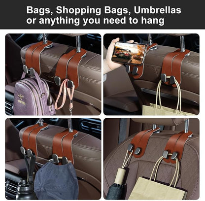 CoBak Purse Hook for Car - Universal Premium Stitched Leather and Aluminum-Magnesium Alloy Double Car Seat Back Storage Hook for Purses, Handbags, Bags (2 Pack),Russet Brown - Image 4