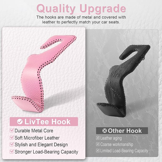 LivTee Headrest Hook for Car, Back Seat Organizer Pink Leather Hanger Holder Hook, Interior Car Accessories for Hanging Purses Bags Coats, 2 Pack - Image 4