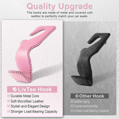 LivTee Headrest Hook for Car, Back Seat Organizer Pink Leather Hanger Holder Hook, Interior Car Accessories for Hanging Purses Bags Coats, 2 Pack - Image 4