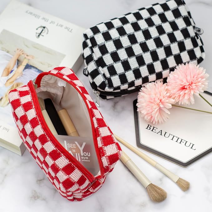 PAZIMIIK Checkered Makeup Bag for Purse, Small Travel Cosmetic Pouch,Red | Cute Zipper Makeup Organizer for Women, Travel Essentials, Toiletries, Makeup Brushes, Beauty Accessories&Bridesmaid Gifts - Image 4