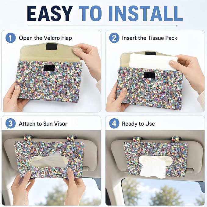 Car Tissue Holder, Cute Sun Visor Napkin Holder Backseat Tissue Case, PU Leather Tissue Box, Funny Car Accessories for Women Men Glitter Colorful Pattern - Image 3