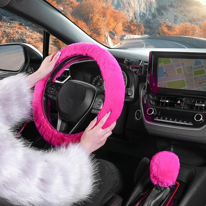 SEG Direct Furry Steering Wheel Cover, Fluffy Fuzzy Gear Shift, Magenta | Gear Shift Cover, 2 PCS Set, Soft and Warm, Cute Fur Auto Car Decor, Standard Size 14.5- 15 inch for Women Men - Image 6