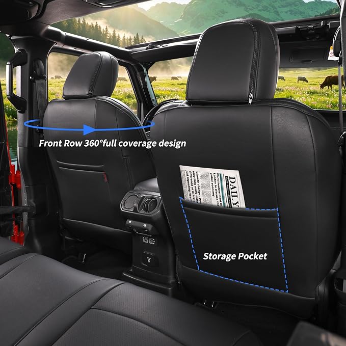 Full Set Seat Covers for 2018-2023 Jeep Wrangler 4drs,Rear w/Armrest(Black) | 1:1 Custom Fit,Factory Look,Easy Installation,Airbag Compatible,Waterproof Faux Leather & Easy to Clean,Pet Friendly - Image 5