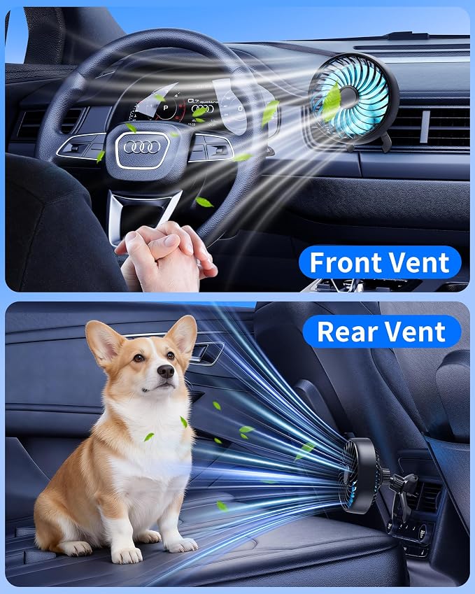 Car AC Fan to Boost Cooling Air Circulation - More Stable Vent Clip | 4in Larger Clip On Car Fan, Colorful Lighting, USB Fan for Car SUV Van RV Pickup Truck, Strong 3 Speeds, 360 Rotating, Quiet - Image 7