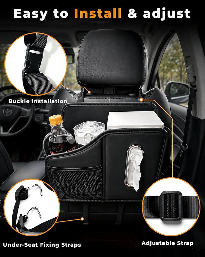 Car Tissue Holder, Leather Back Seat Organizer with Cup Holder & 2 Hooks | | Fits 100-160 Count Tissue Boxes, Keeps Drinks & Small Items Within Reach,3 Storage Pockets, Secure Headrest Mount - Image 8