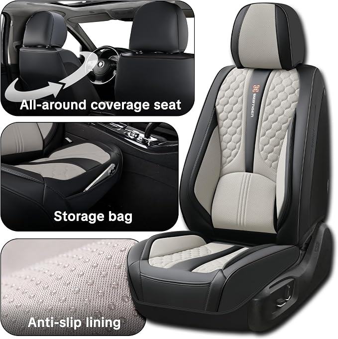 Black and Grey PU Leather Car Seat Covers | Luxury Waterproof Car Seat Covers with Lumbar Support, Non-Slip Base, Airbag Compatibility, Easy Installation and Cleaning - Image 4
