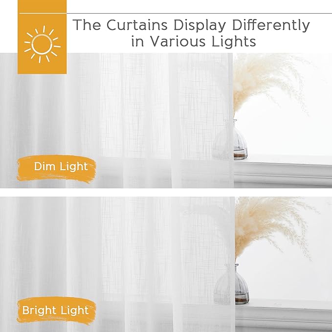 RYB HOME White Sheer Curtains 84 inches Long for Bedroom | Privacy Linen Textured Blend for Bedroom, Half Translucent, for Living Room Patio Sliding Door, White, W70 x L84, 2 Pcs - Image 5