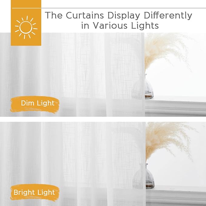 RYB HOME White Sheer Curtains 90 inches Long for Living Room | Privacy Linen Fabric, Semitransparent, Farmhouse Country, for Patio Door Bedroom Bay Window, W52 x L90, 2 Panels - Image 6