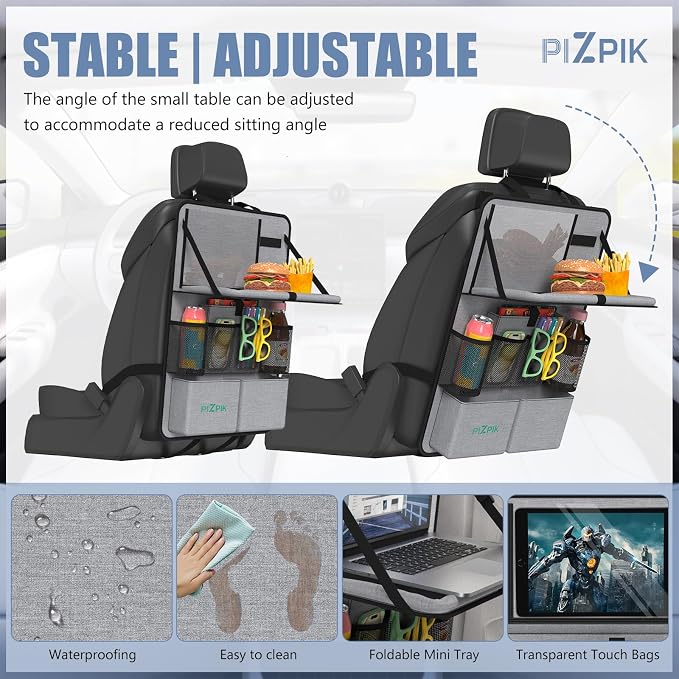 Car Backseat Organizer with Tablet Holder,11 Storage Pockets with Foldable Food Tray, Protector Kick Mats for Kids, Travel Accessories Organizer (Gray, 1Pack) - Image 5