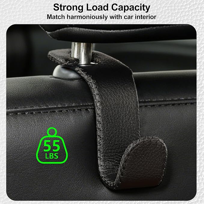 Car Seat Headrest Hook Heavy Duty 55lb Metal Hanger with Leather for Bags | Universal Vehicle Seat Back Organizer, Ergonomic Design, Hang Groceries Handbag Backpack Water Bottle, 4 Pack Black - Image 5