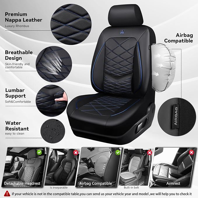 CAR PASS Luxury Nappa Leather Seat Covers Front, Water Resistant 3D Memory Foam Car Seat Covers with Lumbar Support,Thick Seat Cover Airbag Compatible Universal Fit for Sedan SUV Van Truck, Black Blue - Image 4