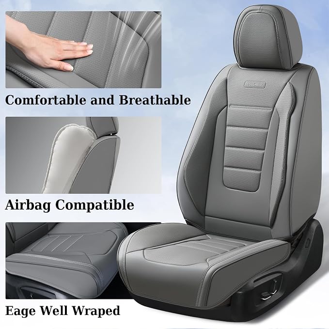 Coverado Front Seat Covers, Car Seat Cover, Gray Seat Covers for Cars, Car Seat Protector, 2PCS Waterproof Faux Leather Car Seat Cushion, Luxury Seat Cushions, Auto Seat Covers Fit for Most Vehicles - Image 4