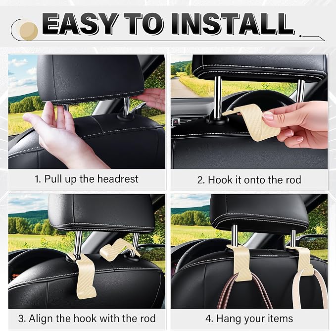 SINGARO Universal 4 Pack Car Seat Headrest Purse Hook, Carbon Fiber Back Seat Hook Storage Organizer Hanger for Purse Handbag Coat, Car Interior Accessories(Beige) - Image 5