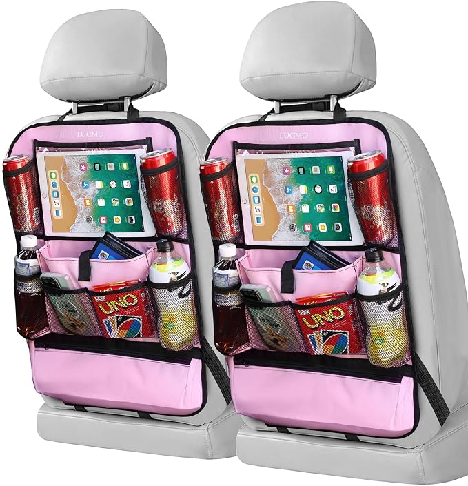 LUCMO Car Backseat Organizer with Touch Screen Tablet Holder, Pink | 2 Pcs,9 Storage Pockets,Clear Tablet Holder,Protectors Kick Mats,Travel Accessories,Seat Cover,Road Trip Essentials by LUCMO
