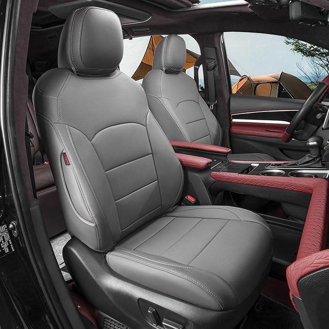 coverdream Car Seat Covers for 2024-2026 Hyundai Santa Fe,7 Seats Full Set | For 2024-2026 SE, SEL, XRT& Hybrid SEL, 2nd-Row 40/60 Split Seats W/Armrest, Faux Leather (Light Grey) by Coverdream