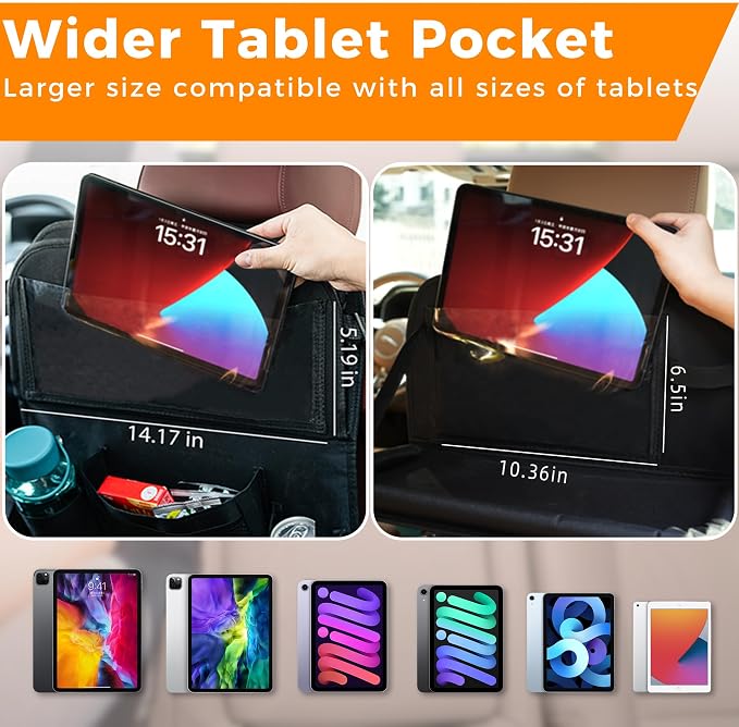 Backseat Car Organizer with Tray, 9 Storage Pockets Back Seat Protector with Foldable Tablet Holder, Waterproof Back of Seat Kick Mats for Kids Adult, Road Trip Essentials Travel 2 Pack, Black - Image 3