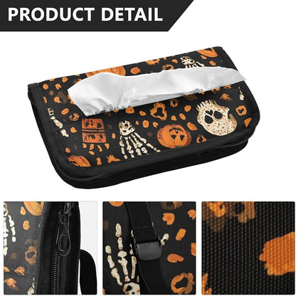 Car Tissue Holder Car Napkin Holder Car Tissue Box Dispenser Storage Case Sun Visor Mask Holder with Adjustable Straps Reusable Refillable Halloween Leopard Pumpkin Skull Brown - Image 3