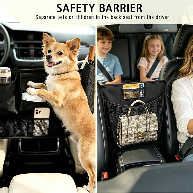 Car Purse Holder Between Seats, Upgraded PU Leather & Mesh Car Organizer Front Seat with Cup Holders, Tissue Holder, Pet & Child Barrier Net for SUV Truck Large Sedan - Image 5