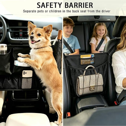 Car Purse Holder Between Seats, Upgraded PU Leather & Mesh Car Organizer Front Seat with Cup Holders, Tissue Holder, Pet & Child Barrier Net for SUV Truck Large Sedan - Image 5