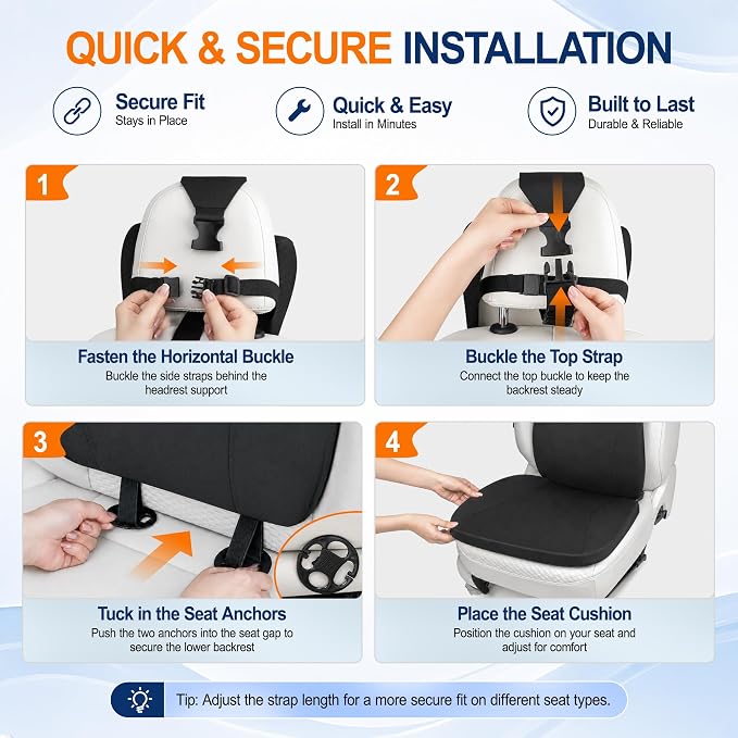 Allaboutsla 2 Piece Car Seat Cushion, Back Support with Car Headrest Pillow | 3-in-1 Memory Foam Car Seat Cushions, Car Lumbar Support with Car Neck Pillow, Seat Support for Long Driving, Trucks, Black - Image 7