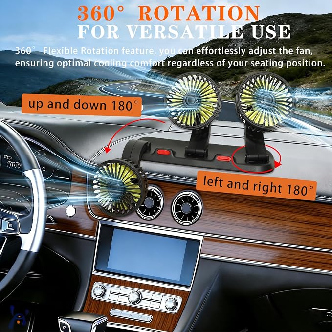 Portable 3-Head Car Cooling Fan 12V-Brushless Motor-2 Speeds, 360 Rotation,for Car Dashboard, Powerful Cooling Solution for Sedan/SUV/RV/Truck/Van Vehicles,Cigarette Lighter Powered (3-head 12V) - Image 2