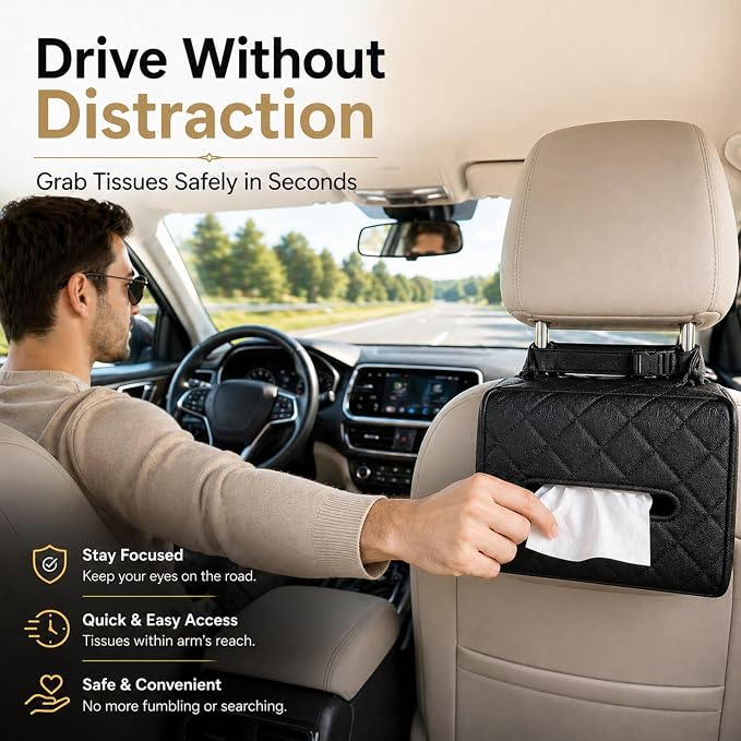 Luxury Quilted Car Tissue Holder – Headrest-Mounted Tissue Box for Cars, SUVs & Trucks – PU Leather Tissue Dispenser with Secure Strap – Easy One-Hand Access (Black) - Image 6