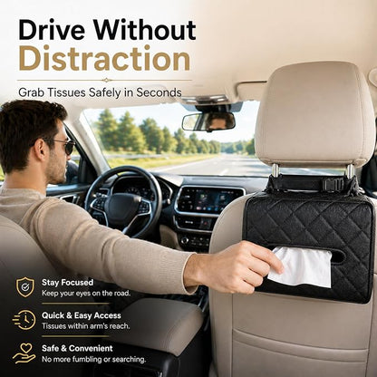 Luxury Quilted Car Tissue Holder – Headrest-Mounted Tissue Box for Cars, SUVs & Trucks – PU Leather Tissue Dispenser with Secure Strap – Easy One-Hand Access (Black) - Image 6
