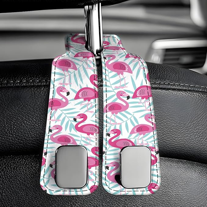 Car Seat Back Storage Headrest Hook, Premium Leather Double Metal Hook, Hanger Storage Organizer for Purse Cloth Bag, Car Interior Accessories Pink Cute Flamingo - Image 6