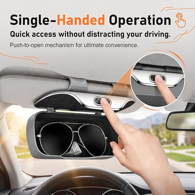 Car Visor Sunglass Holder, Anti-scratch Eyeglasses Storage Protection Case, One-press Open Organizer Box with Clips, Universal Interior Accessory for SUVs Sedans Trucks (Gray) - Image 4