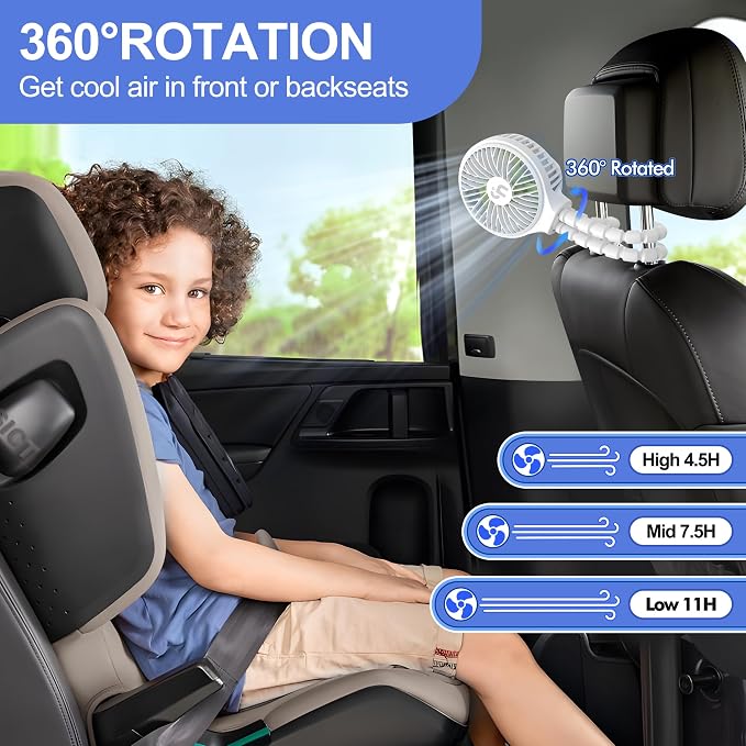 WiHoo Portable Stroller Fan, 11H Ultra-long Battery Life 3 Speed 360°Rotate, USB Rechargeable or Battery Operated Cooling Clip On Personal Fan for Baby Crib Travel Car Seat White - Image 5