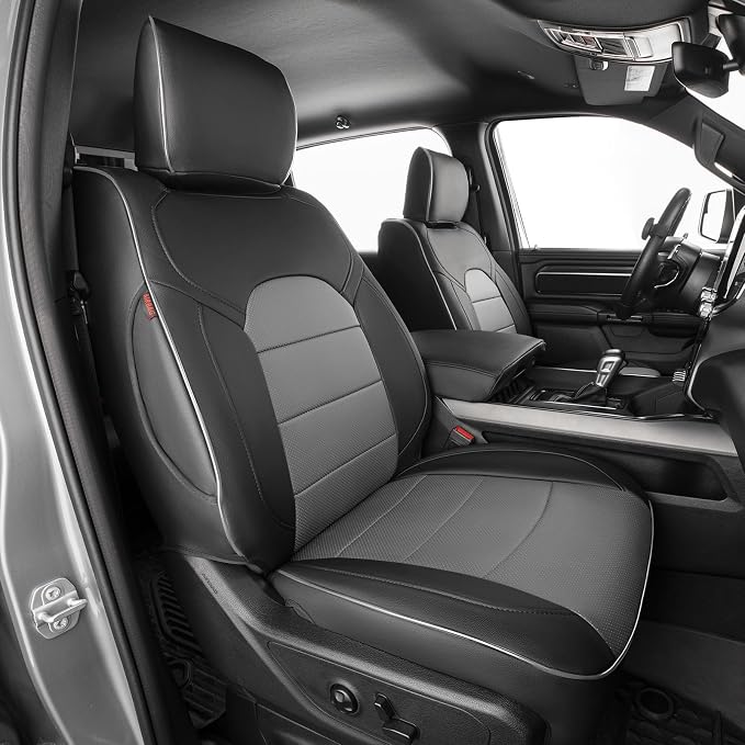EKR Ram 1500 Seat Covers Custom Fit for (Quad Cab) RAM 1500 Classic Tradesman/Warlock/SLT/Express 2019-2024,Waterproof Black Car Seat Cover for Trucks Full Set-Faux Leather(Black/Gray) by EKR