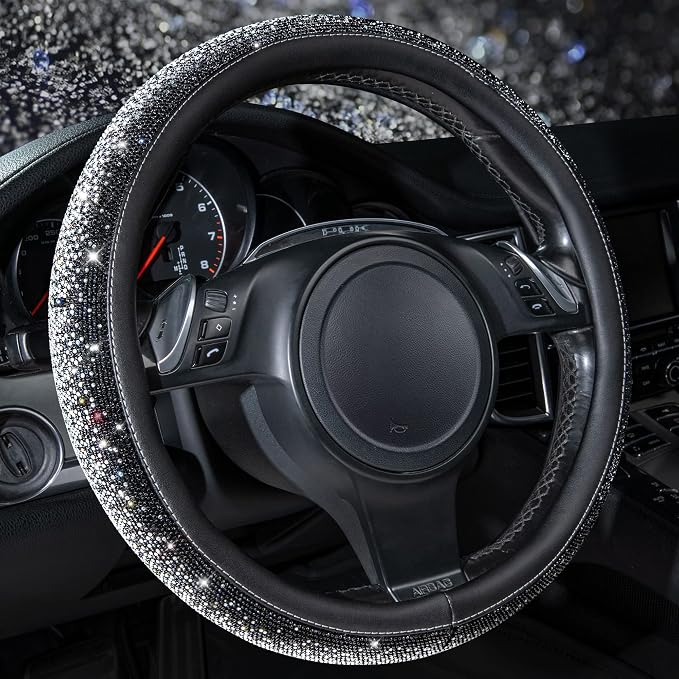 CAR PASS Bling Diamond Leather Steering Wheel Cover, Bling Sparkly Crystal Glitter Rhinestones Universal Fit 14" 1/2-15" Car Wheel Protector for Women Girl Fit Suvs,Vans,Sedans,Trucks, Black Silver by CARPASS