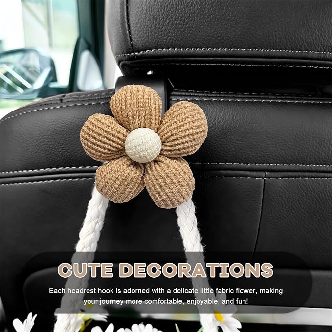 4 PCS Car Seat Headrest Hooks, Cute Flower Vehicle Backseat Hanger Storage Hook, Portable Auto Seat Back Holder Hanging Organizer for Purse Grocery Bag Cloth (Brown) - Image 4