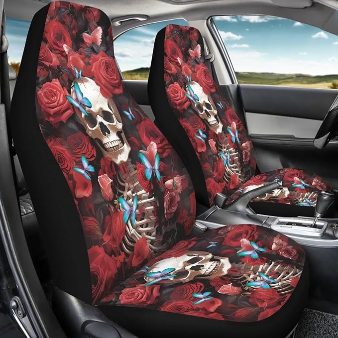 Red Rose Skull Floral Car Seat Cover Front Bottom Seat Cushion Cover, Butterfly Front Seat Covers Universal fits most Cars, SUVs, and Trucks, Washable and Easy to Install - Image 4