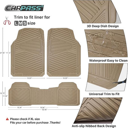 CAR PASS Rubber Car Mats, Waterproof Car Floor Mats All Weather Car Mat Full Set 3 Piece, Tan Automotive Floor Mat Trim to Fit for Cars Sedan SUVs Trucks, Anti-Slip Easy Clean, All Beige - Image 3