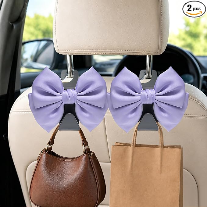 2-Pack Cute Bow Car Purse Hooks, Headrest Hangers, Light purple | Cute bow hooks keep purses and bags organized within reach while saving space; fits most car headrests by Unknown