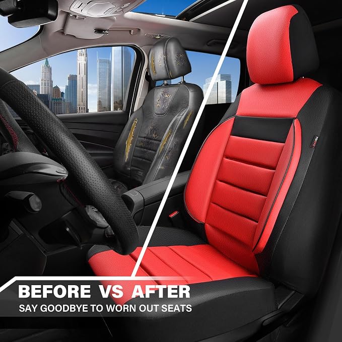 CAR PASS Leather Car Seat Covers Front Seats Only, Universal Fit Automotive Interior Waterproof 3D Foam Back Support Car Seat Covers for Trucks Vans and SUVs Airbag Compatible 2 Pieces （Black Red - Image 6