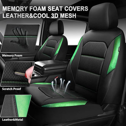 Car Pass Memory Foam Leather Seat Covers,Air Cool Mesh Thick Car Seat Covers Front Seat Green Leather Seat Covers for Cars Universal for SUVs Trucks,Airbag Compatible Comfort Durable,Black Green Metal - Image 3