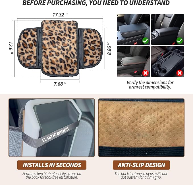 Plush Fuzzy Car Center Console Cover with Side Pockets, Leopard Print | Fluffy Armrest Cushion Pad,Soft Car Interior Accessories with Storage for Men & Women. Universal Fit for Vehicles SUV Truck - Image 7