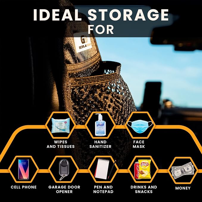Gorla Gear Black Car Seat Side Organizer Hanging Organization Storage Bag Auto Accessories Multifunctional Mesh Net Pocket for Masks Sanitizer Drink Coin Change Pen Sunglass Phone Holder Truck SUV Van - Image 3